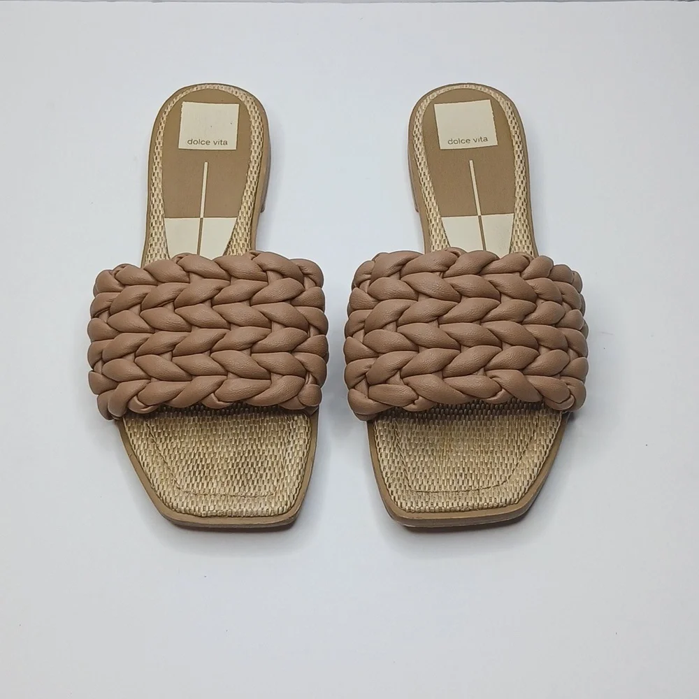 Dolce Vita Indra Slide‎ Sandals Womens 8.5 Tan Braided Square Toe Flat Slips